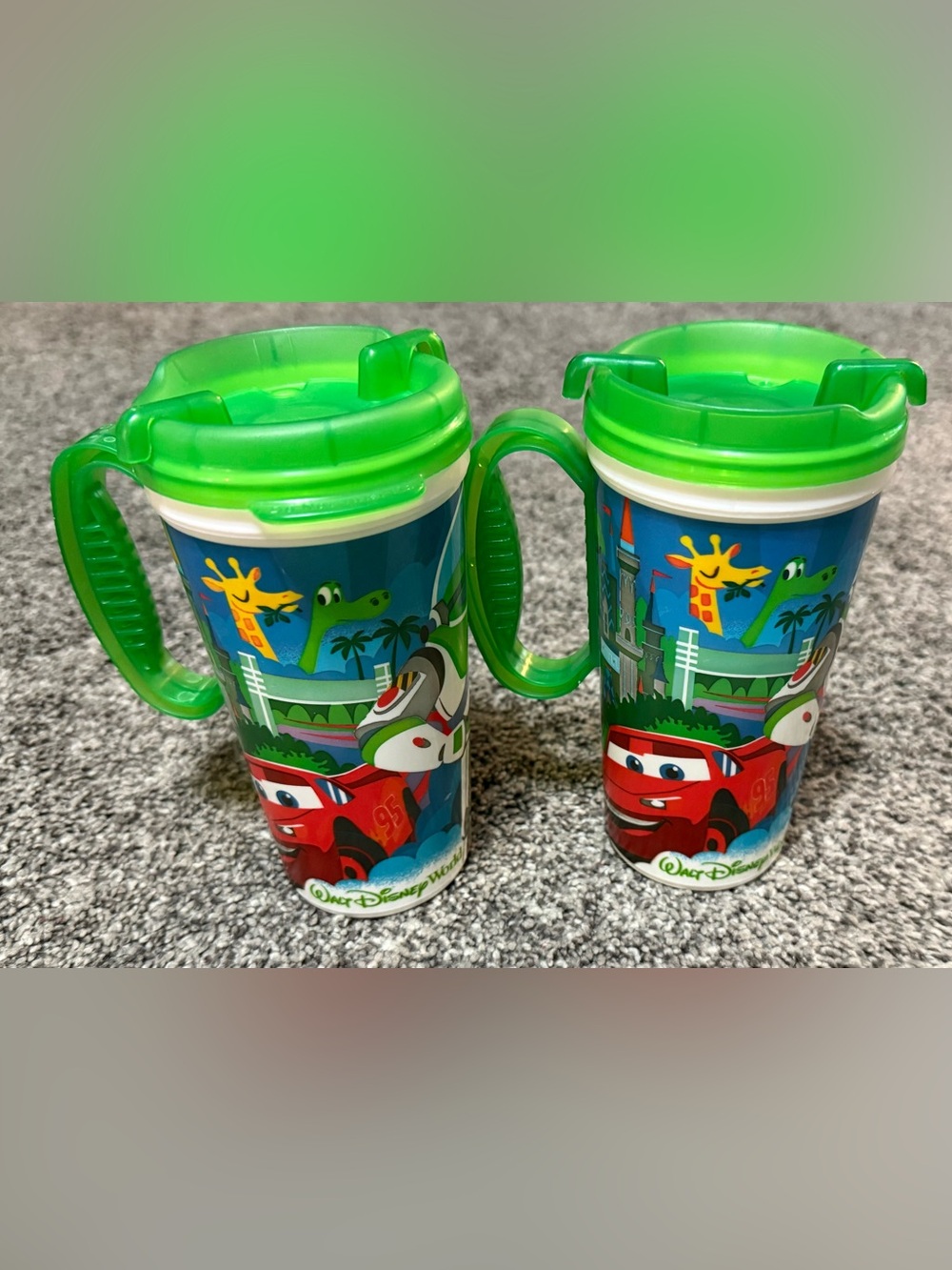 Kids Travel Cup with Green Lid & Handle featuring Cars Artwork